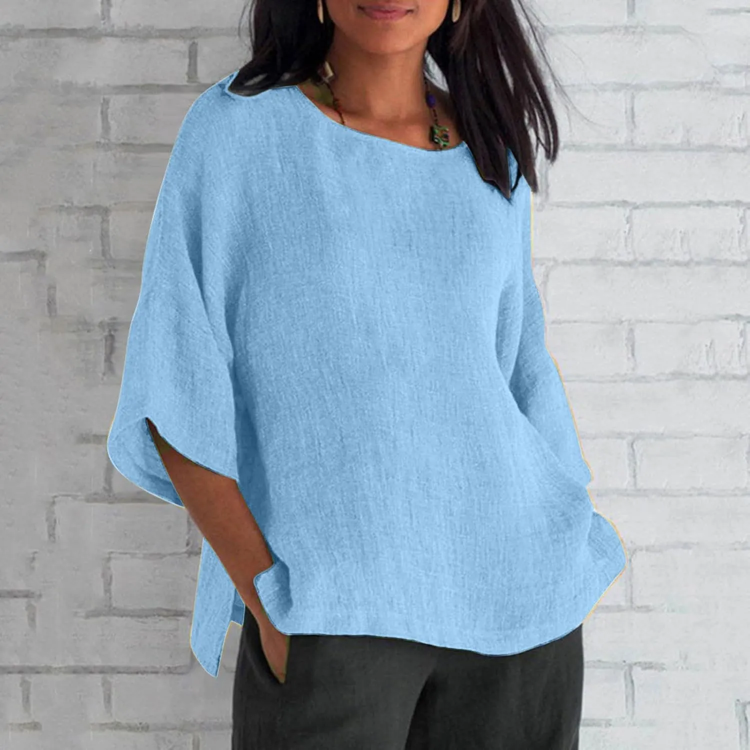 Loose Fit Long T Shirts for Women Summer Fall 3/4 Length Sleeve Crewneck Linen Plain Tops Shirts Women 2025 Trendy