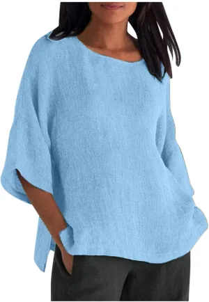Loose Fit Long T Shirts for Women Summer Fall 3/4 Length Sleeve Crewneck Linen Plain Tops Shirts Women 2025 Trendy