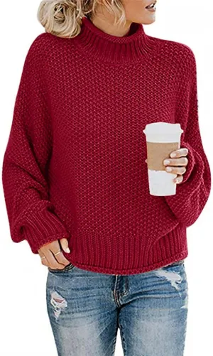 Masbird Sweaters for Women Casual Turtleneck Batwing Sleeve Loose Oversized Chunky Knitted Pullover Sweater Jumper Tops Red