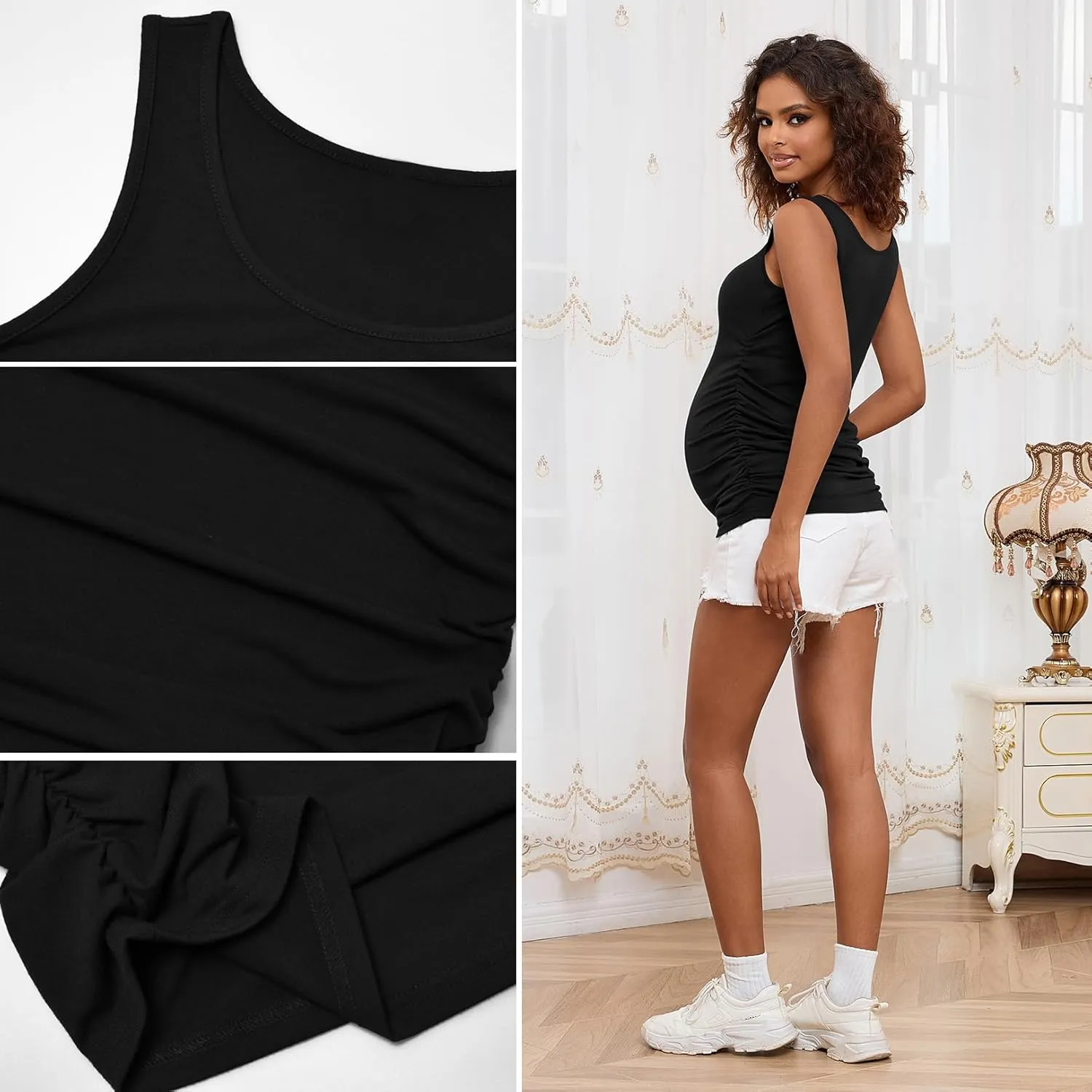Maternity Tank Tops for Women Ruched Sleeveless Basic Tops Maternity Shirt Vest Pregnancy Tee