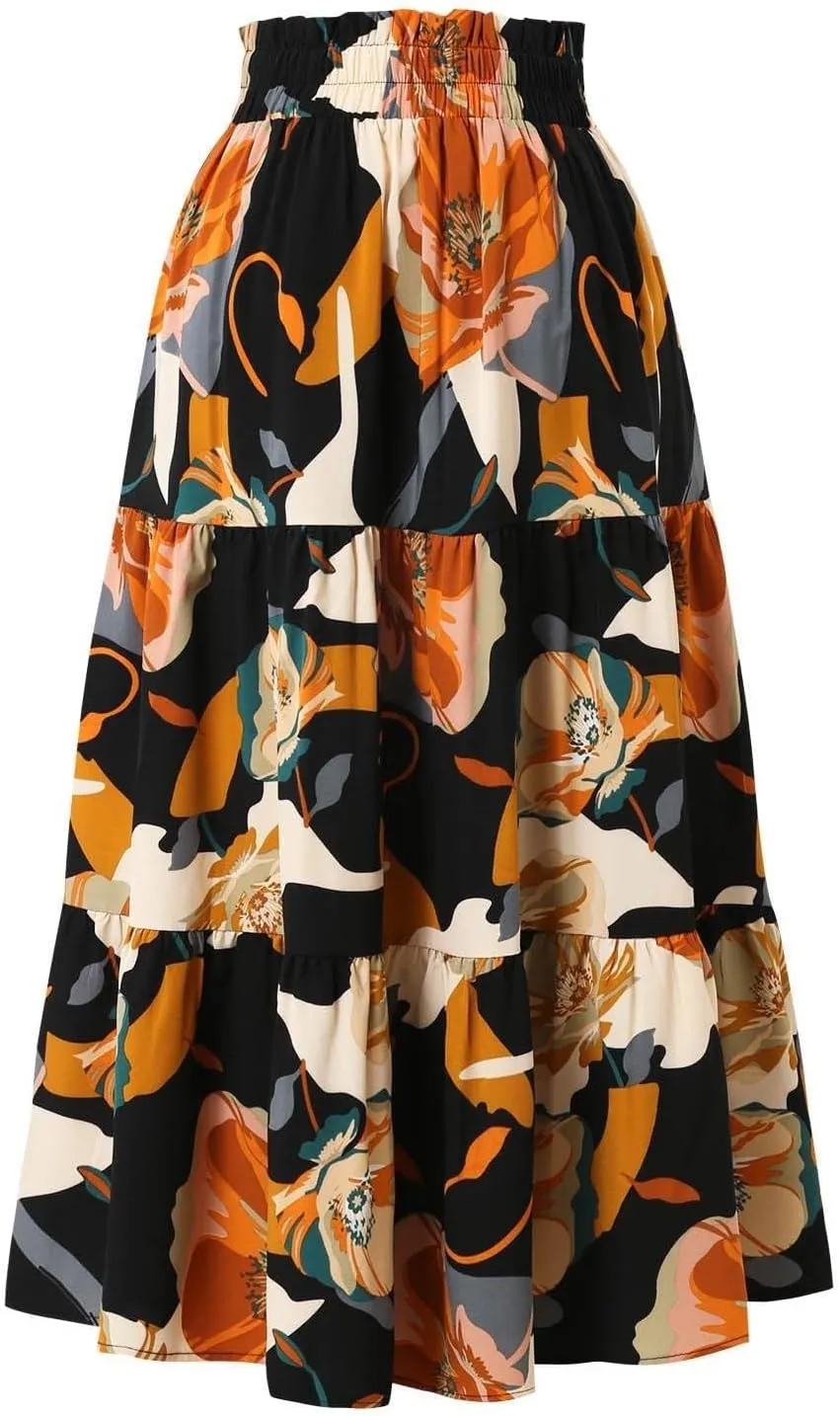 Maxi Skirts for Women 2025 Floral Boho Comfy Tiered Elastic High Waisted Vacation A-Line Flowy Swing Long Skirt