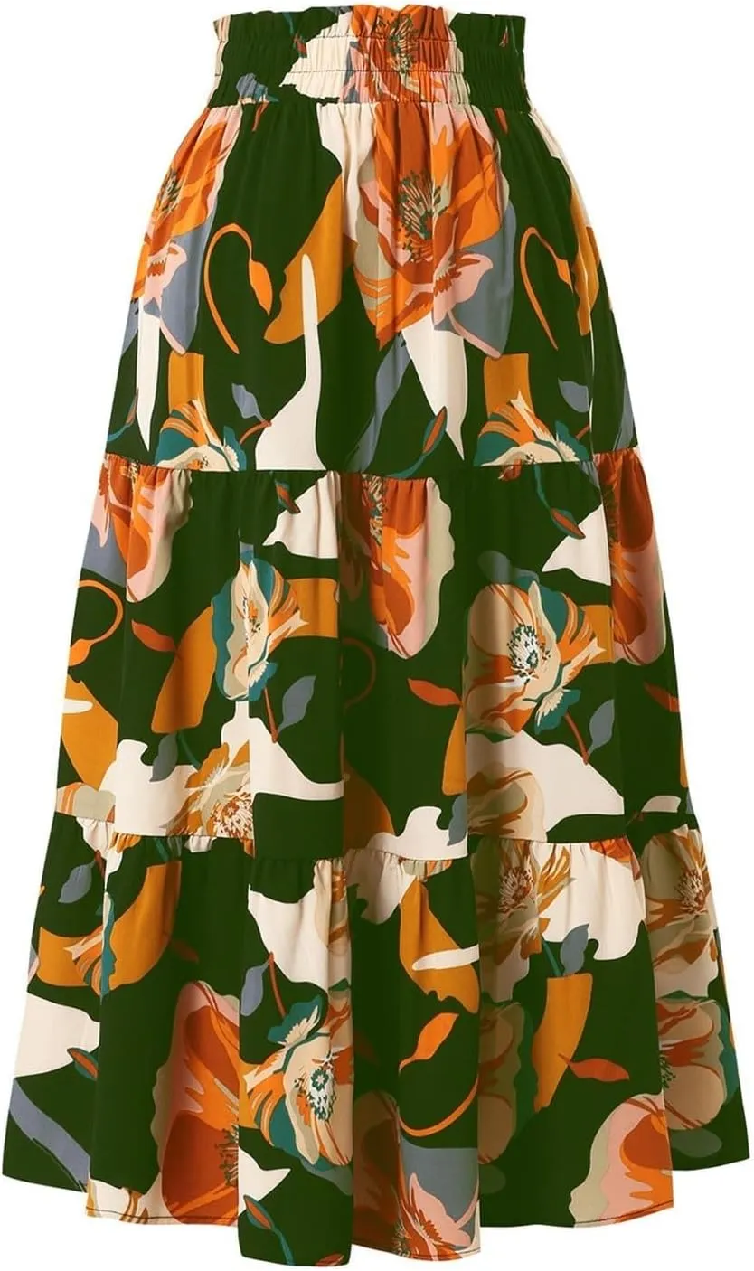 Maxi Skirts for Women 2025 Floral Boho Comfy Tiered Elastic High Waisted Vacation A-Line Flowy Swing Long Skirt