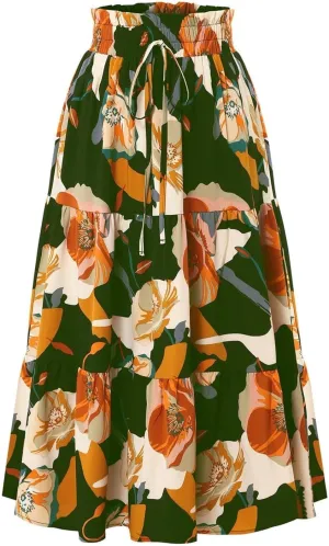Maxi Skirts for Women 2025 Floral Boho Comfy Tiered Elastic High Waisted Vacation A-Line Flowy Swing Long Skirt