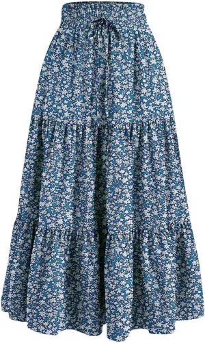 Maxi Skirts for Women 2025 Floral Boho Comfy Tiered Elastic High Waisted Vacation A-Line Flowy Swing Long Skirt