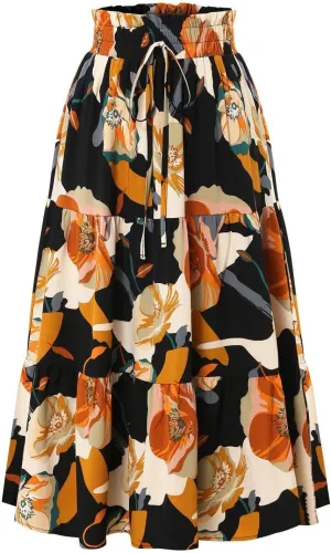 Maxi Skirts for Women 2025 Floral Boho Comfy Tiered Elastic High Waisted Vacation A-Line Flowy Swing Long Skirt