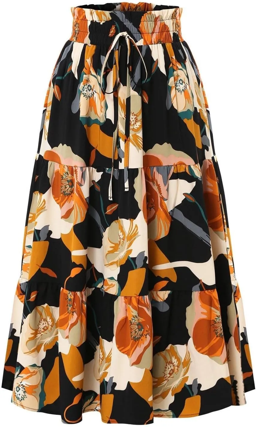 Maxi Skirts for Women 2025 Floral Boho Comfy Tiered Elastic High Waisted Vacation A-Line Flowy Swing Long Skirt