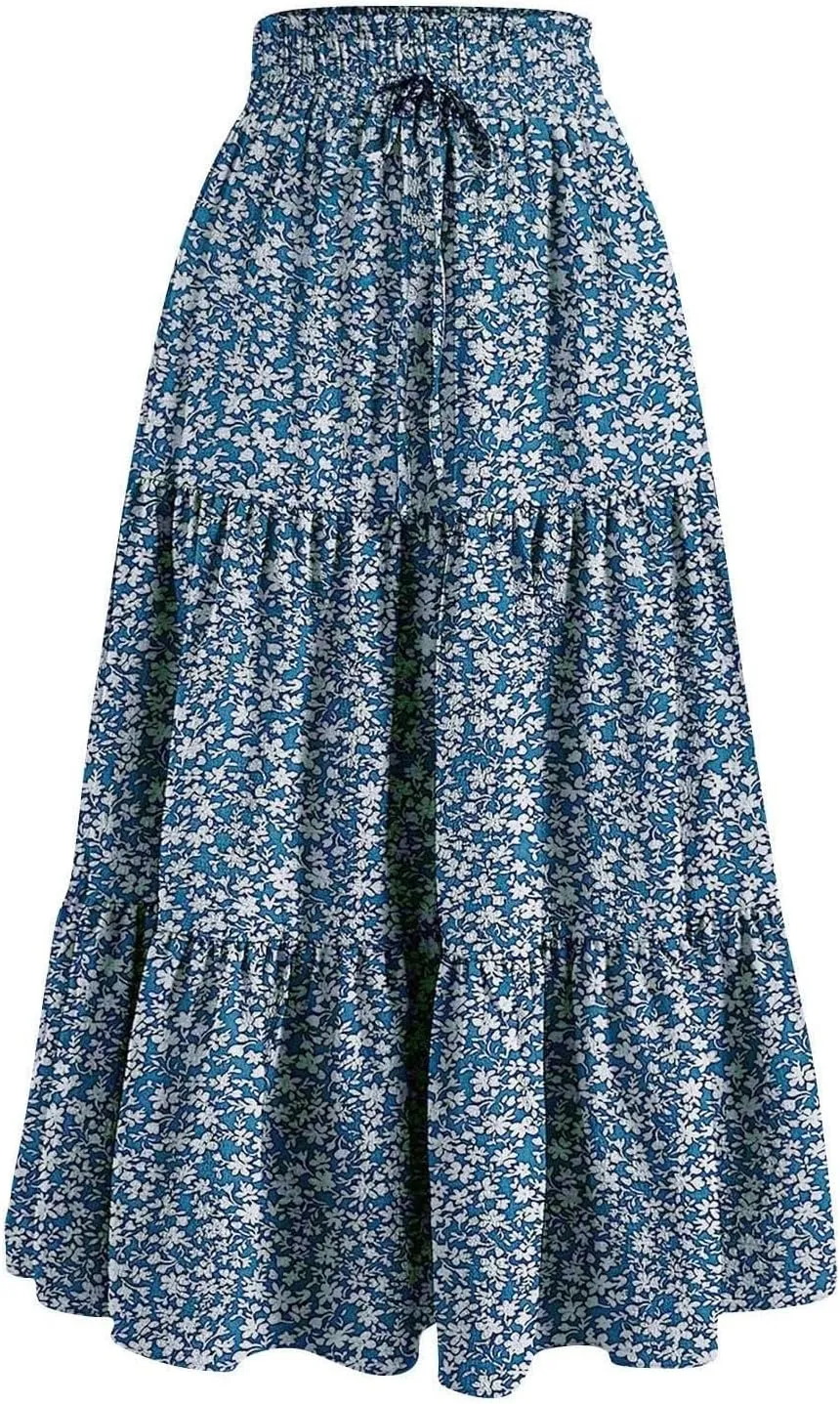 Maxi Skirts for Women 2025 Floral Boho Comfy Tiered Elastic High Waisted Vacation A-Line Flowy Swing Long Skirt