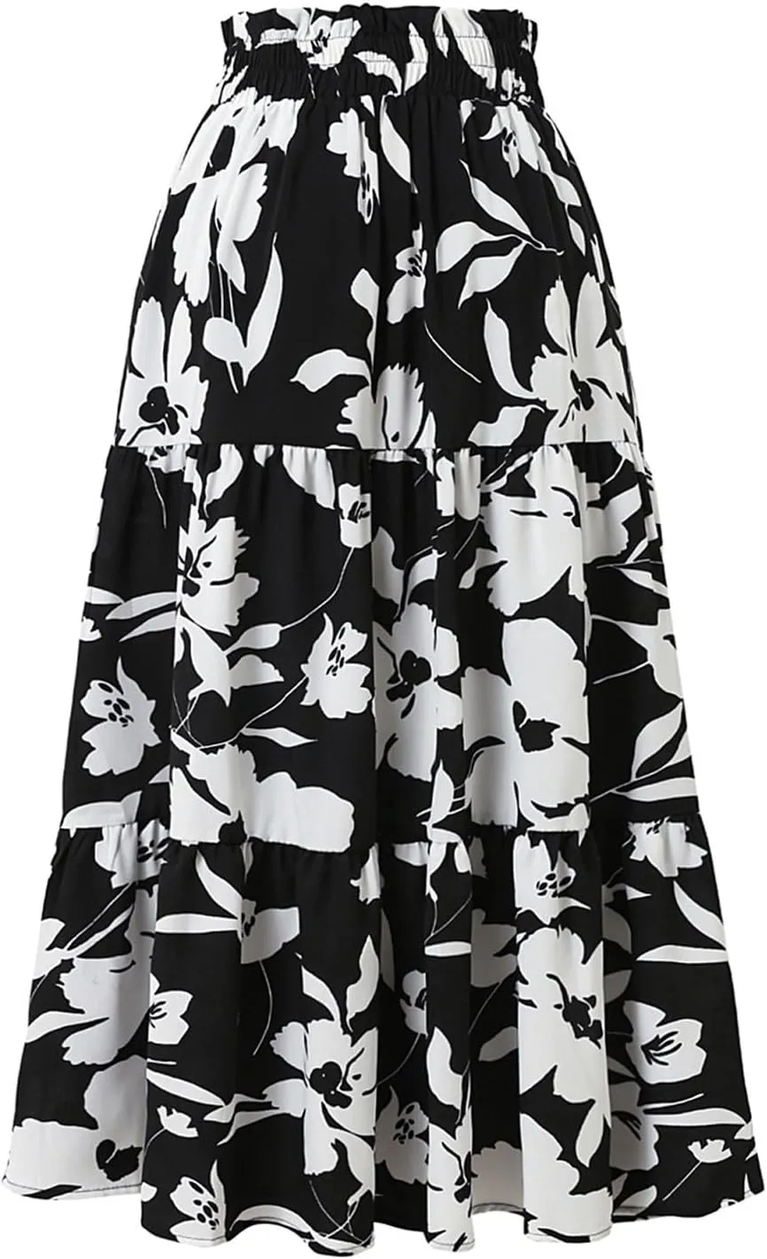 Maxi Skirts for Women 2025 Floral Boho Comfy Tiered Elastic High Waisted Vacation A-Line Flowy Swing Long Skirt