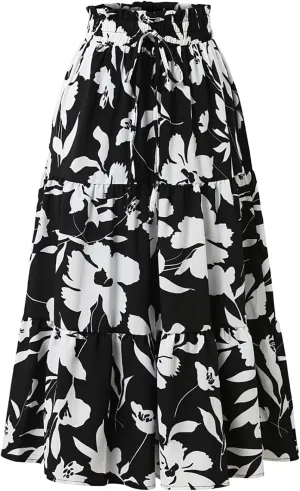 Maxi Skirts for Women 2025 Floral Boho Comfy Tiered Elastic High Waisted Vacation A-Line Flowy Swing Long Skirt