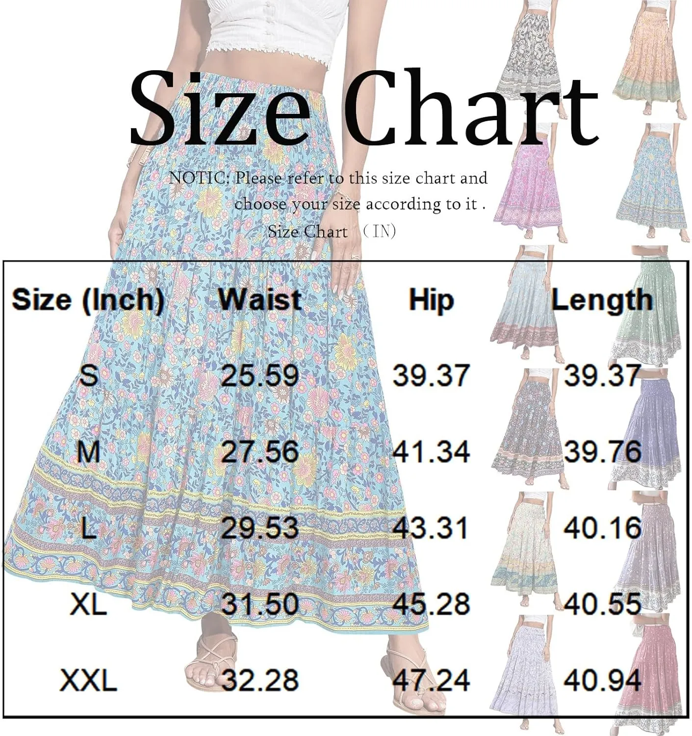 Maxi Skirts for Women Summer Floral Smocked High Waisted Boho Skirt with Pockets Vacation A-Line Long Flowy Skirts