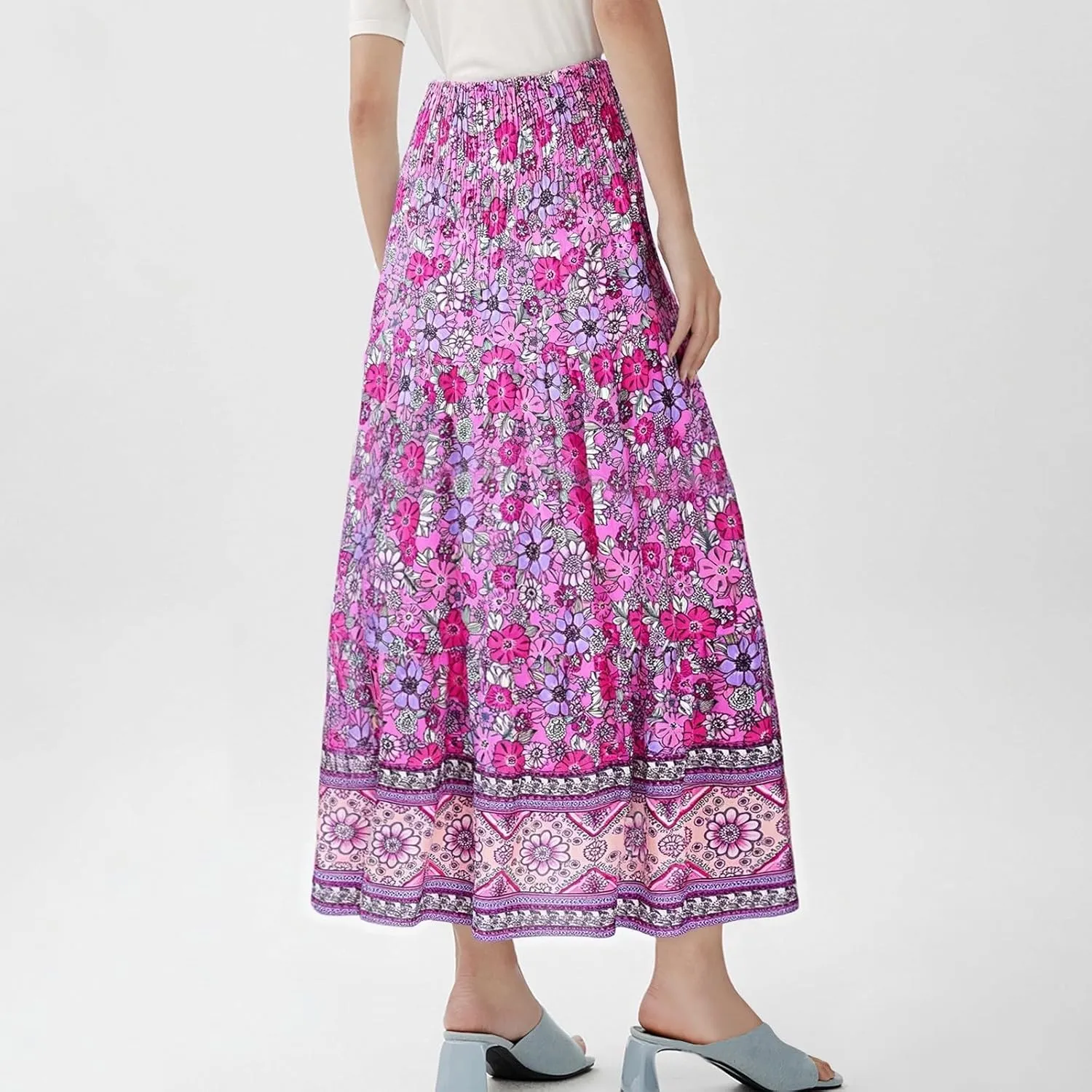 Maxi Skirts for Women Summer Floral Smocked High Waisted Boho Skirt with Pockets Vacation A-Line Long Flowy Skirts