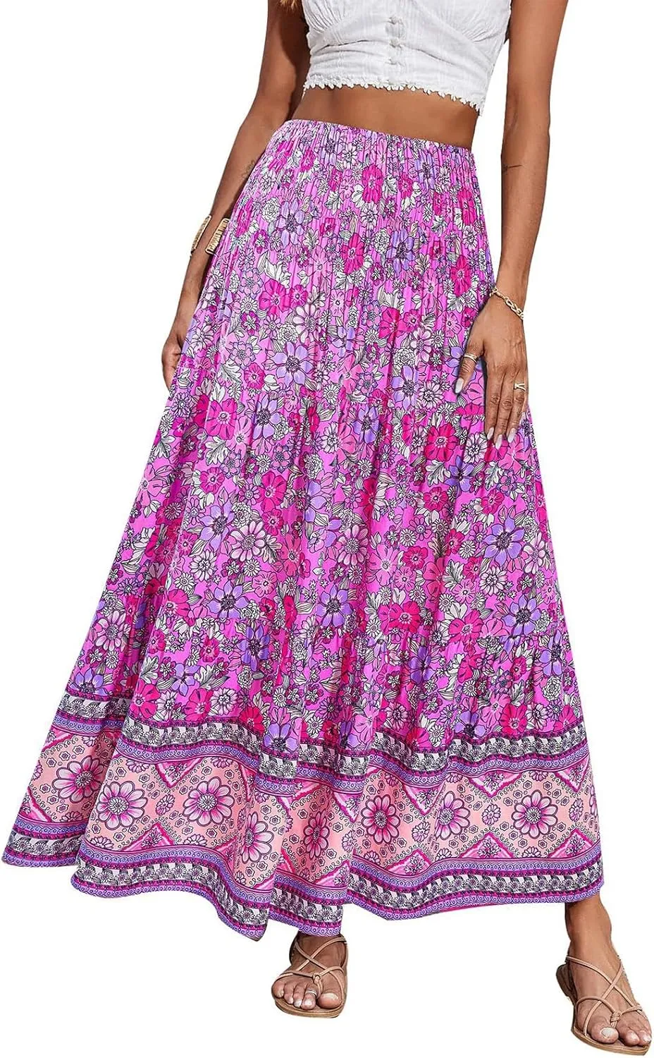 Maxi Skirts for Women Summer Floral Smocked High Waisted Boho Skirt with Pockets Vacation A-Line Long Flowy Skirts