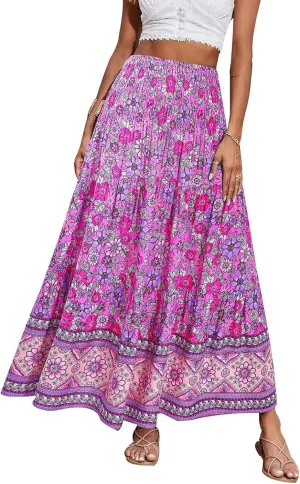 Maxi Skirts for Women Summer Floral Smocked High Waisted Boho Skirt with Pockets Vacation A-Line Long Flowy Skirts