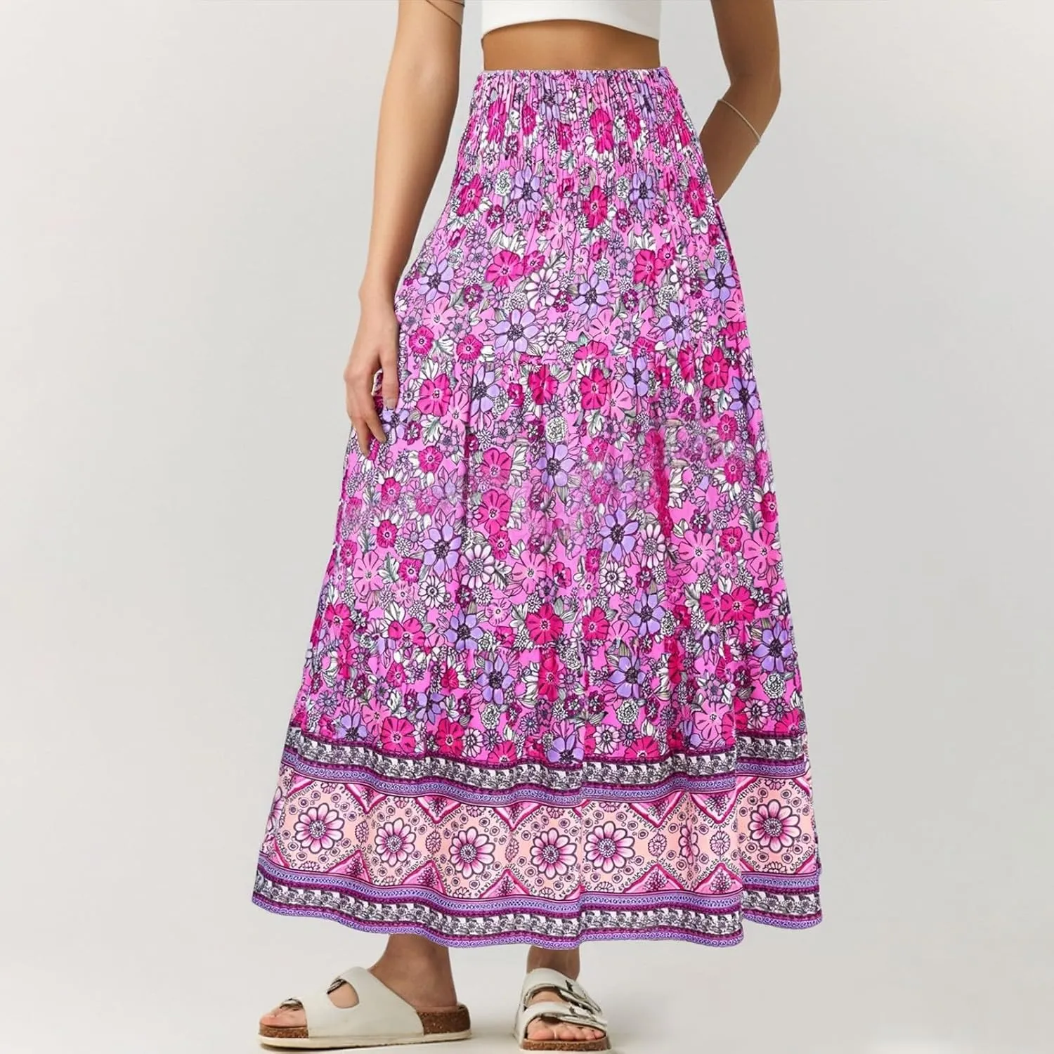 Maxi Skirts for Women Summer Floral Smocked High Waisted Boho Skirt with Pockets Vacation A-Line Long Flowy Skirts