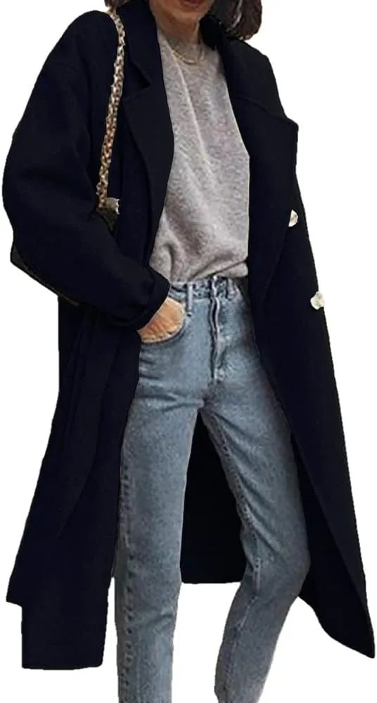 Mayntop Women Duffle Coat Dust Windbreaker Oversize Solid Color Notch Lapel Maxi-Long Jacket Button-Down Outerwear