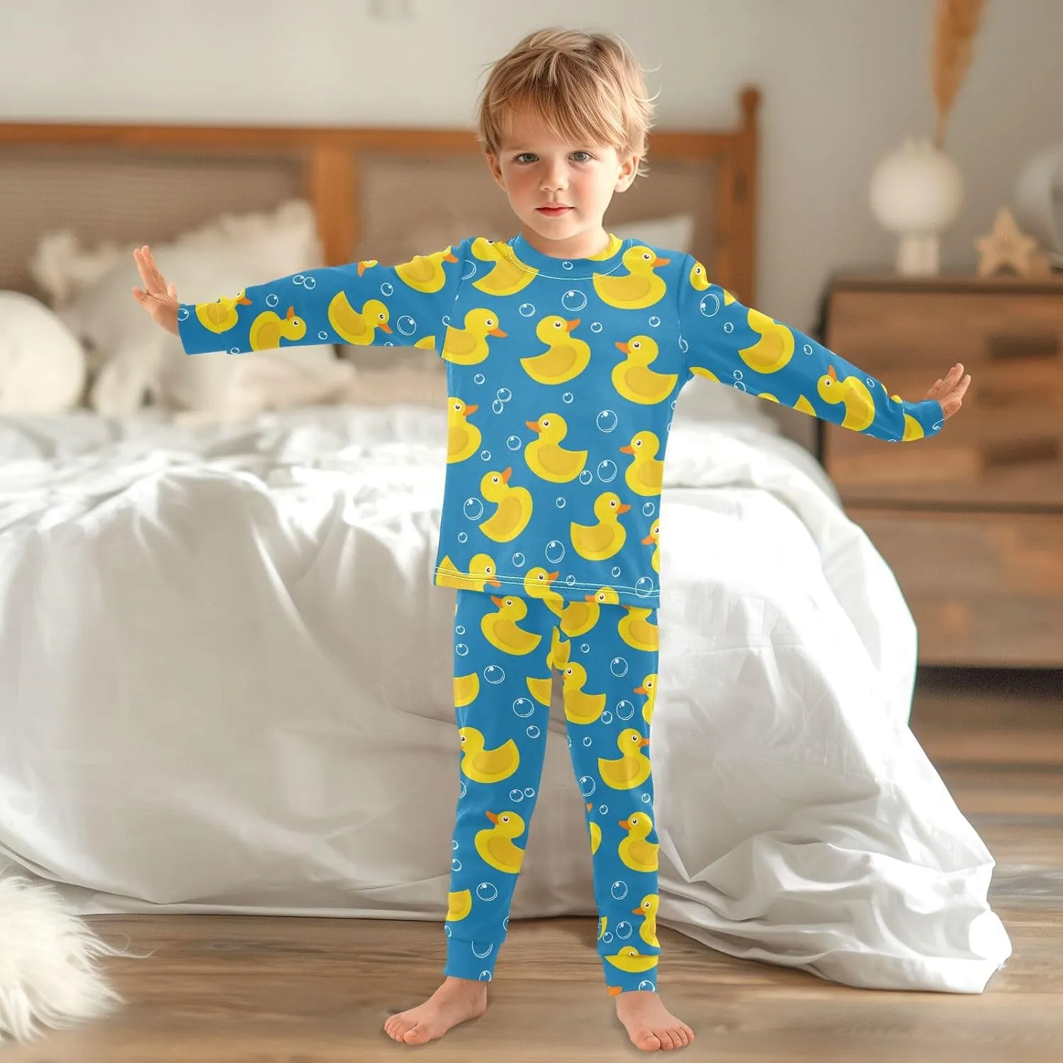 MCHIVER Yellow Rubber Duck Pajamas Set 2 Piece Cotton Pjs Set Long Sleeve Sleepwear Size 18M-8Y