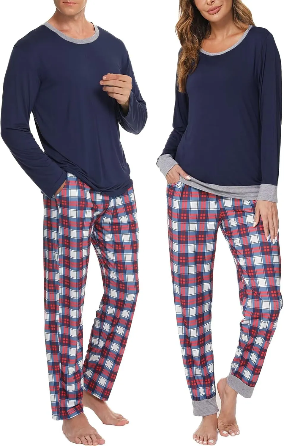 Men & Women Matching Pajama Sets for Family Couples Long Sleeve Sleepwear Plaid Striped Pants with Pockets