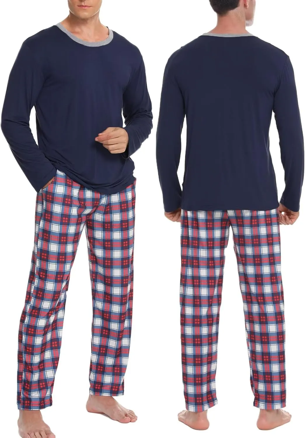 Men & Women Matching Pajama Sets for Family Couples Long Sleeve Sleepwear Plaid Striped Pants with Pockets