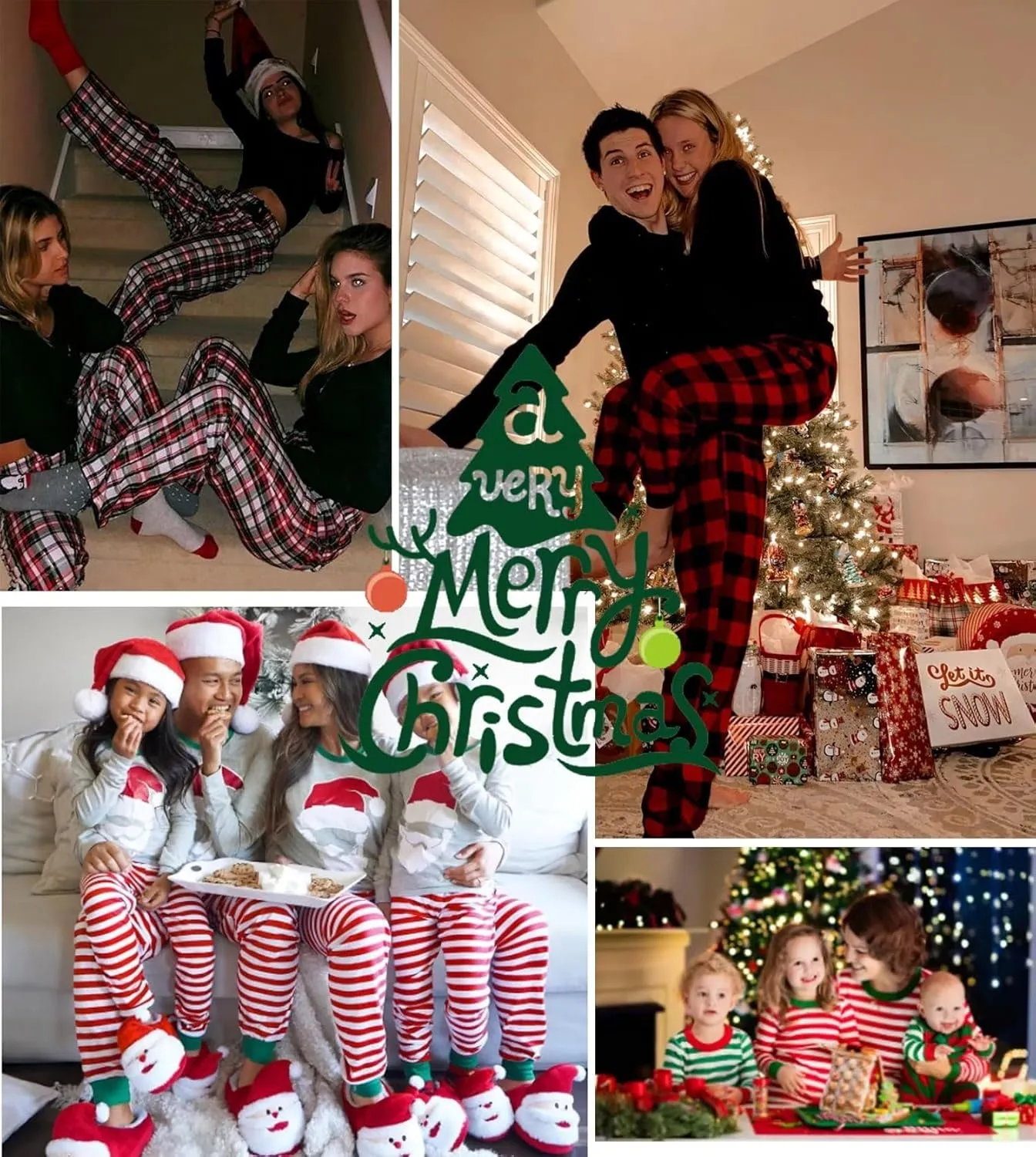 Men & Women Matching Pajama Sets for Family Couples Long Sleeve Sleepwear Plaid Striped Pants with Pockets