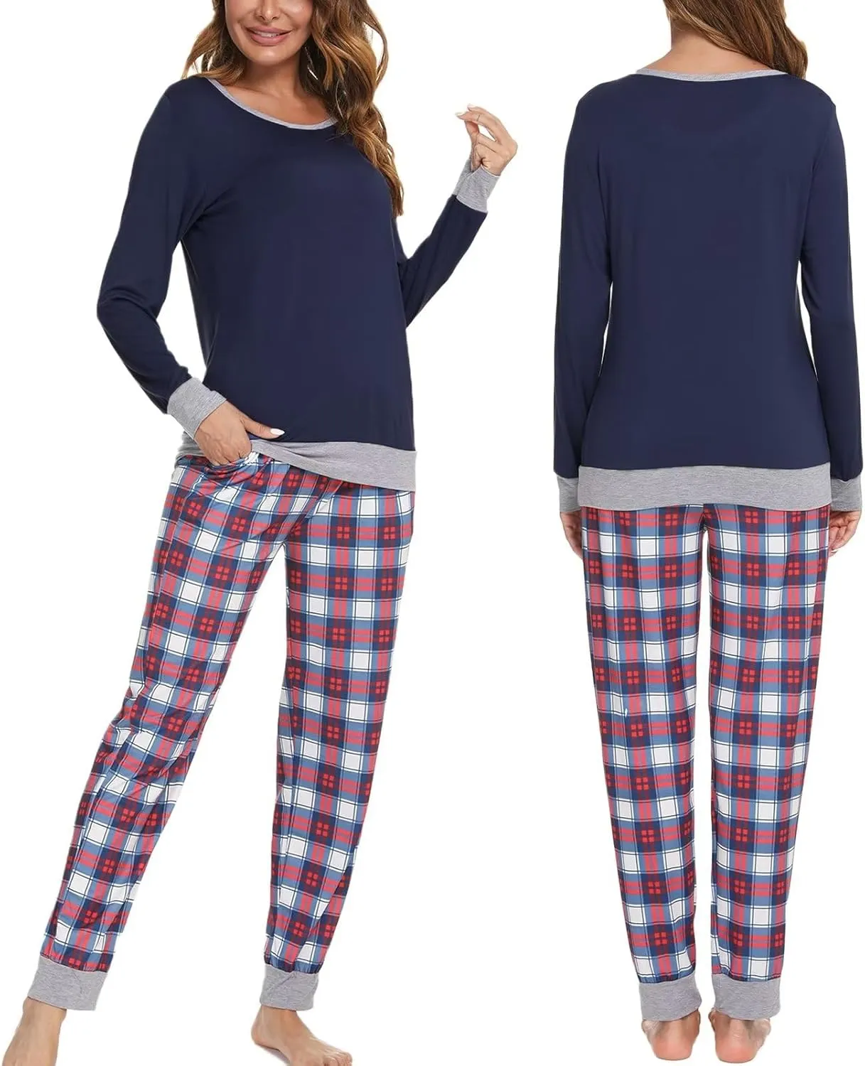 Men & Women Matching Pajama Sets for Family Couples Long Sleeve Sleepwear Plaid Striped Pants with Pockets