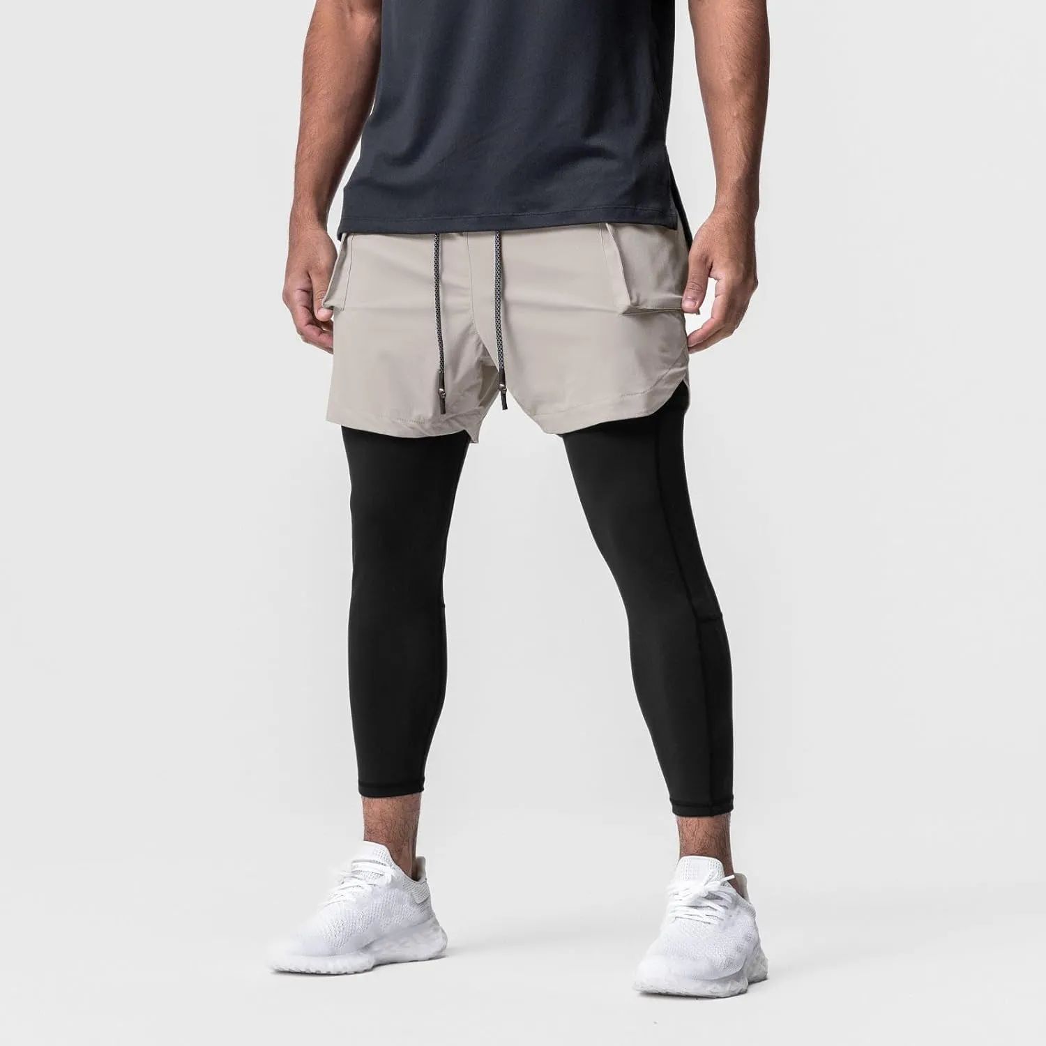 Men's 2 in 1 Running Pants Compression Athletic Pants Tights Quick Dry Gym Workout Legging Shorts with Zipper Pockets