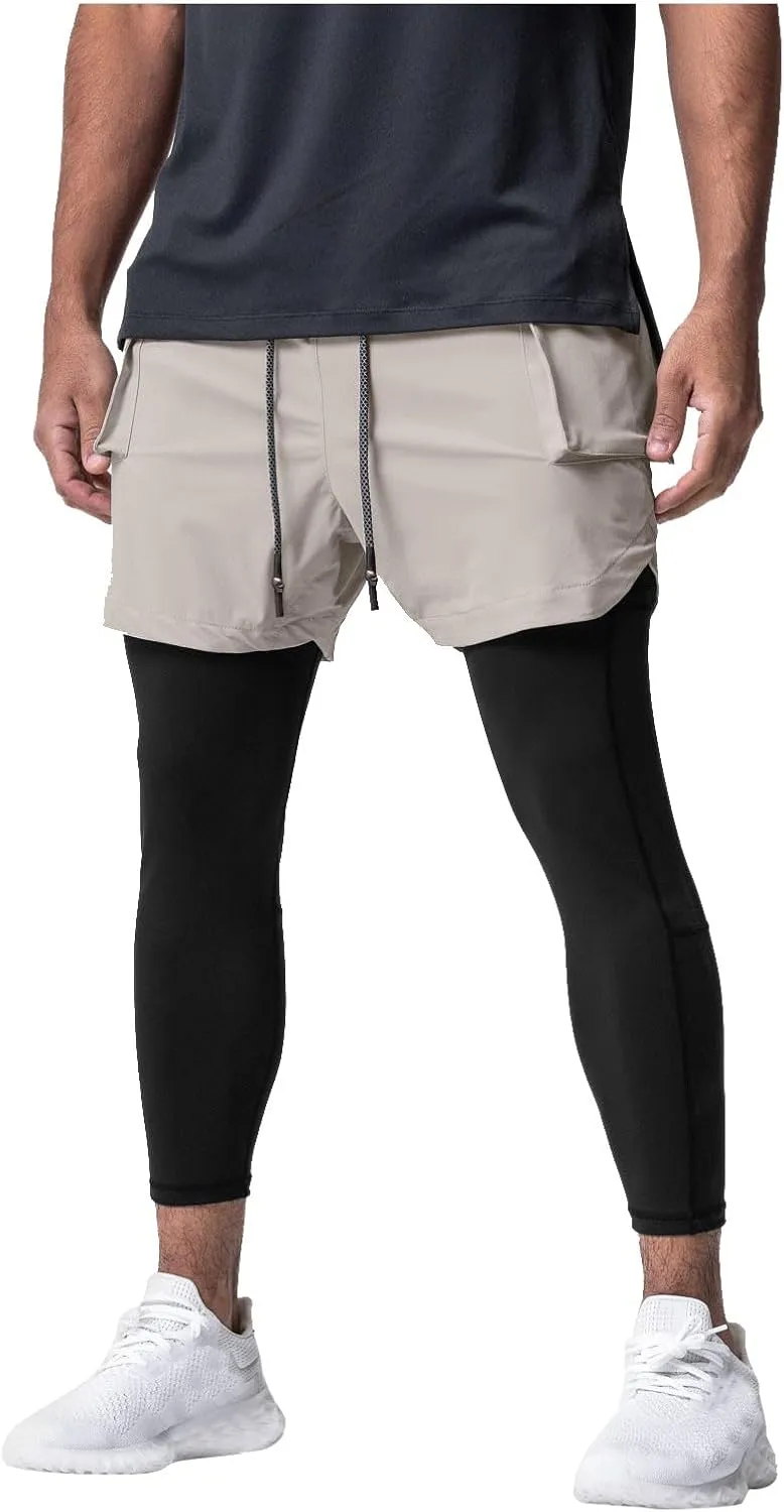 Men's 2 in 1 Running Pants Compression Athletic Pants Tights Quick Dry Gym Workout Legging Shorts with Zipper Pockets