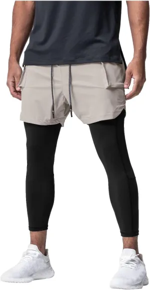 Men's 2 in 1 Running Pants Compression Athletic Pants Tights Quick Dry Gym Workout Legging Shorts with Zipper Pockets