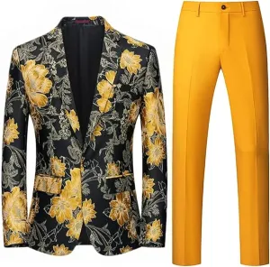 Mens 2 Piece Floral Dress Suit One Button Dinner Tuxedo Jacket & Pants Luxury Printed Wedding Blazer