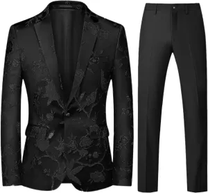 Mens 2 Piece Floral Dress Suit One Button Dinner Tuxedo Jacket & Pants Luxury Printed Wedding Blazer
