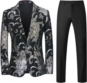 Mens 2 Piece Floral Dress Suit One Button Dinner Tuxedo Jacket & Pants Luxury Printed Wedding Blazer