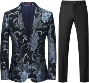 Mens 2 Piece Floral Dress Suit One Button Dinner Tuxedo Jacket & Pants Luxury Printed Wedding Blazer