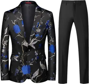 Mens 2 Piece Floral Dress Suit One Button Dinner Tuxedo Jacket & Pants Luxury Printed Wedding Blazer