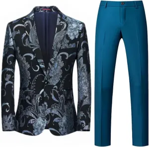 Mens 2 Piece Floral Dress Suit One Button Dinner Tuxedo Jacket & Pants Luxury Printed Wedding Blazer