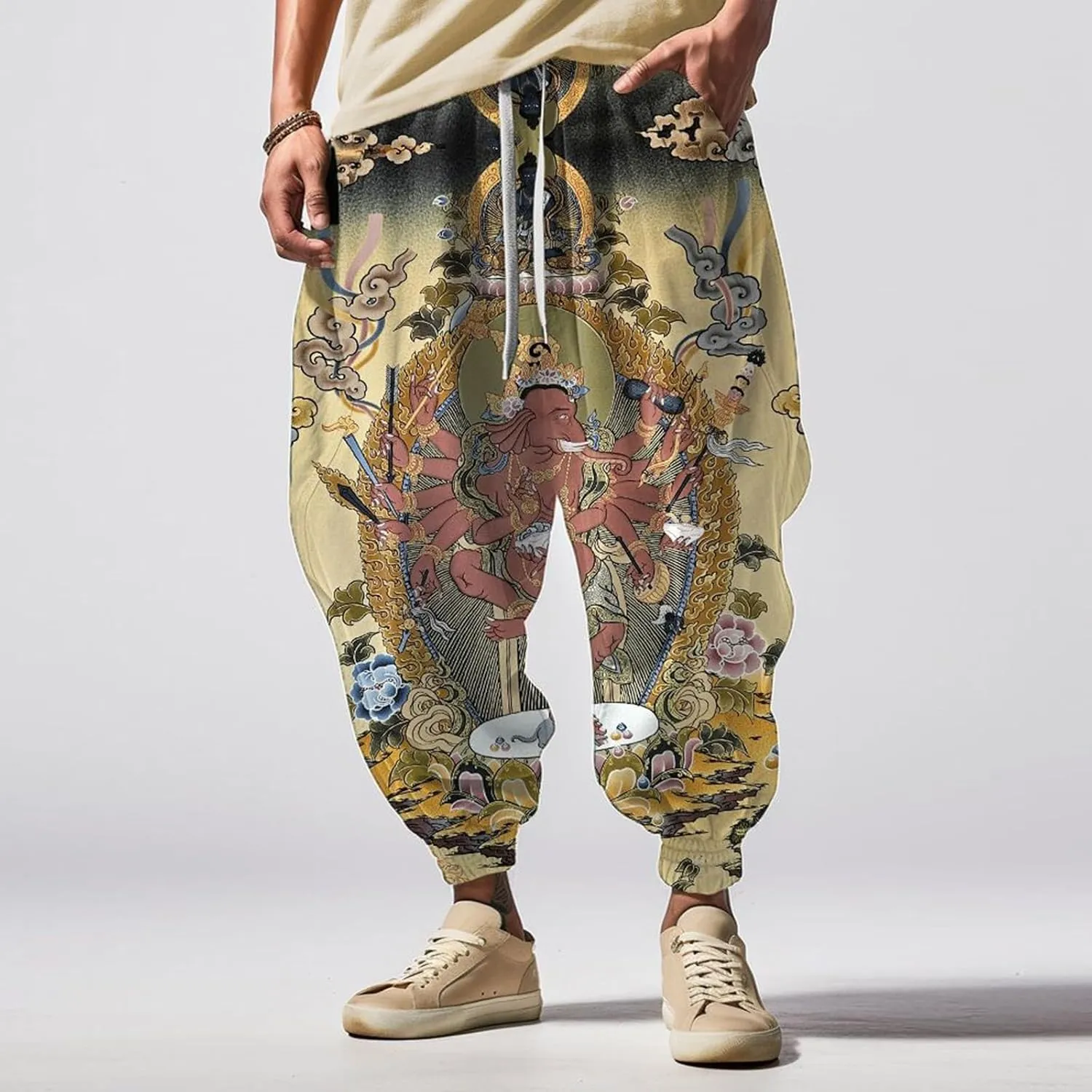Men's Cotton Harem Yoga Baggy Pants Feel Casual Sweatpants Fashion Solid Color Oversized Tapered Pants Baggy Linen