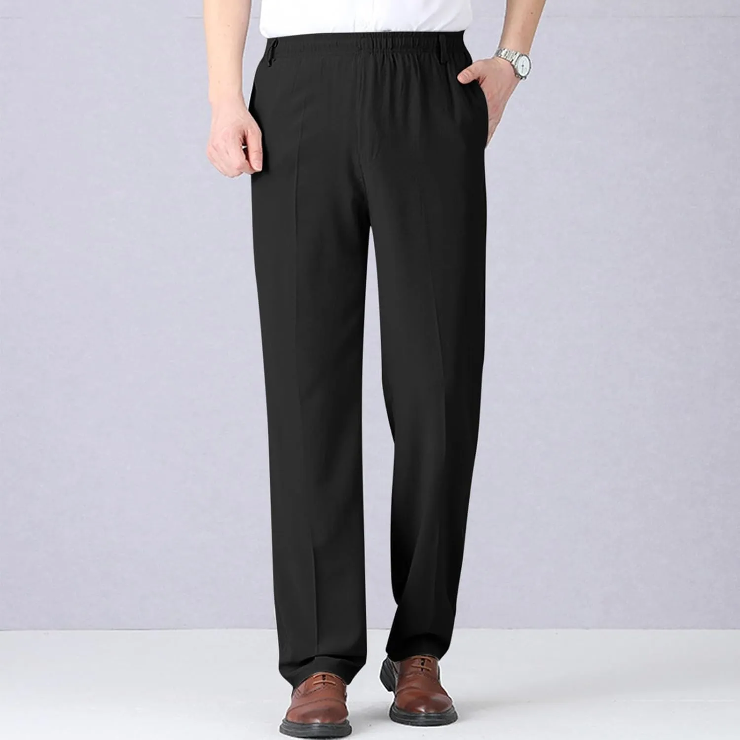 Men's Elastic Waist Pants Dressy Business Casual Slacks Trousers Bottoms Lightweight Comfy Fit