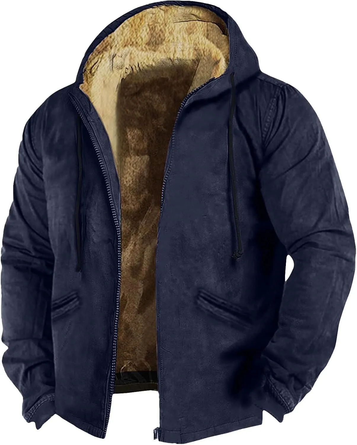 Mens Fuzzy Sherpa Jacket Long Sleeve Fleece Zip Up Coat Faux Puffer Jacket Outdoor Thick Varsity Coat Plus Size