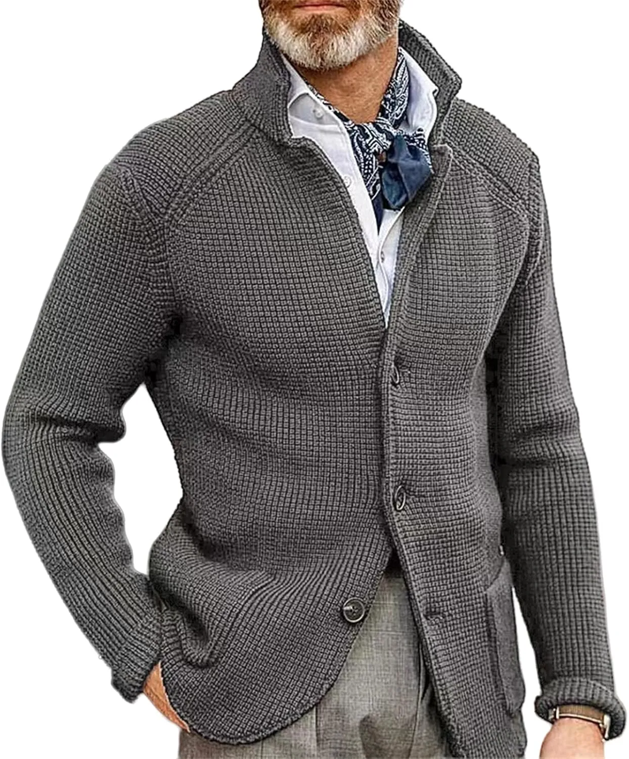 Mens Open Front Stand Collar Cardigans Slim Fit Button Down Plus Knitted Lapel Cardigans for Lightweight Winter