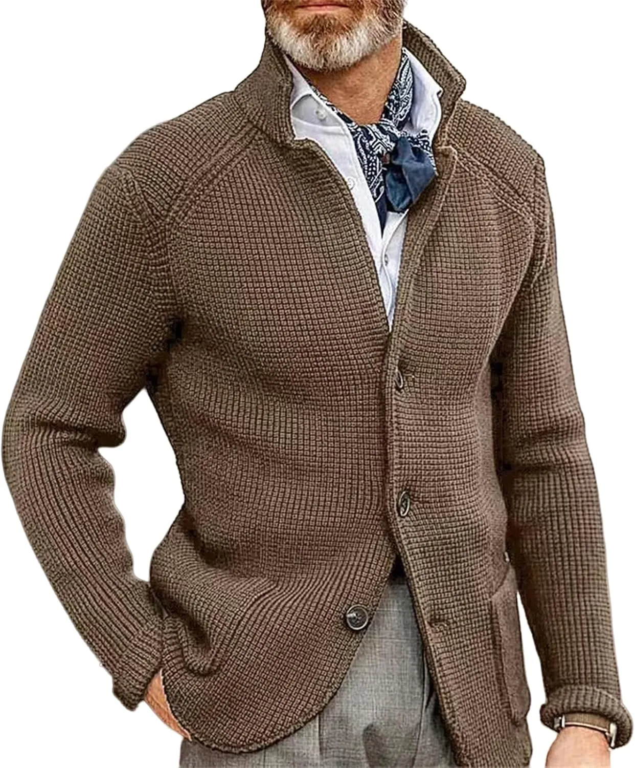 Mens Open Front Stand Collar Cardigans Slim Fit Button Down Plus Knitted Lapel Cardigans for Lightweight Winter