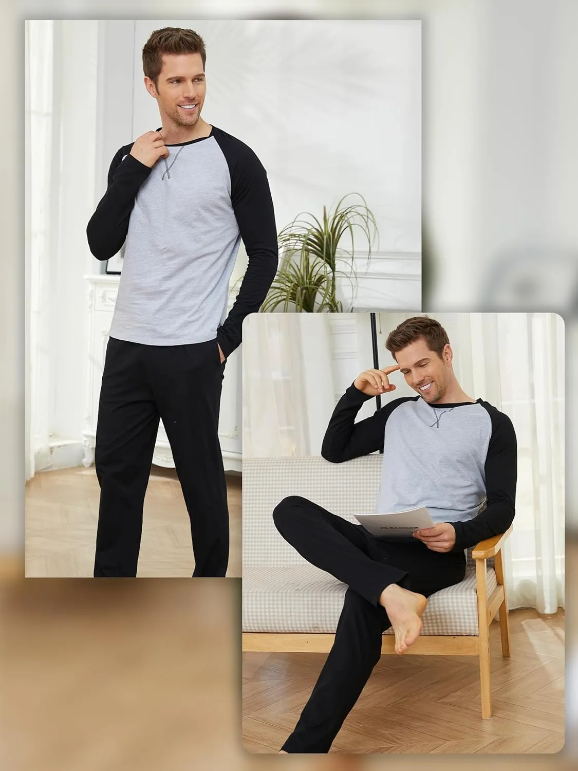 Mens Pajamas Set Cotton Pajamas for Men Sleepwear Long Sleeve & Pajama Pants Soft Pjs Sets with Pockets