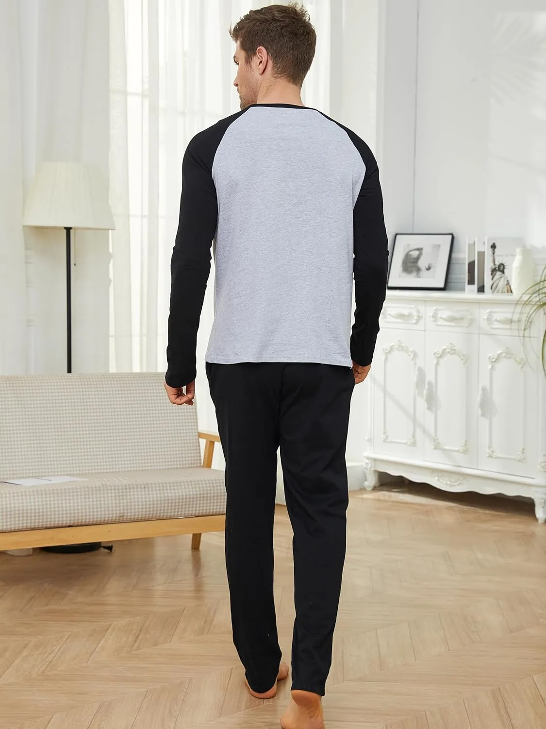 Mens Pajamas Set Cotton Pajamas for Men Sleepwear Long Sleeve & Pajama Pants Soft Pjs Sets with Pockets