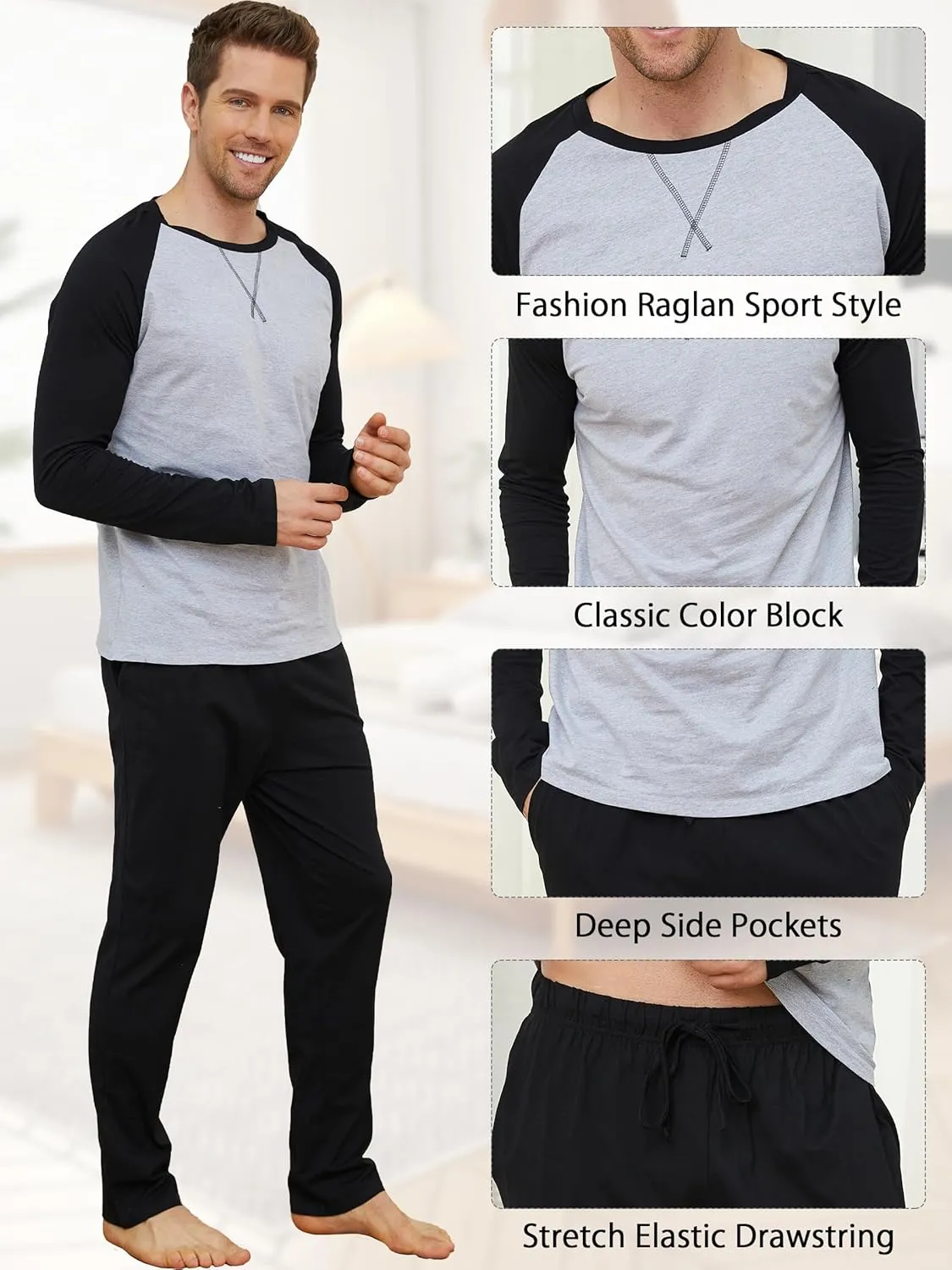 Mens Pajamas Set Cotton Pajamas for Men Sleepwear Long Sleeve & Pajama Pants Soft Pjs Sets with Pockets