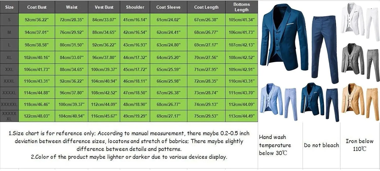 Men’s Slim Fit 3 Piece Suit,One Button Solid Blazer Dress Business Wedding Party Jacket Vest & Pants Set
