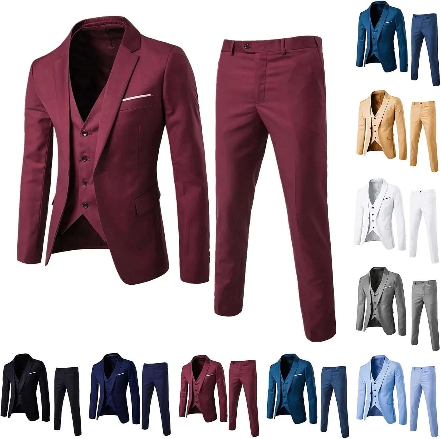 Men’s Slim Fit 3 Piece Suit,One Button Solid Blazer Dress Business Wedding Party Jacket Vest & Pants Set