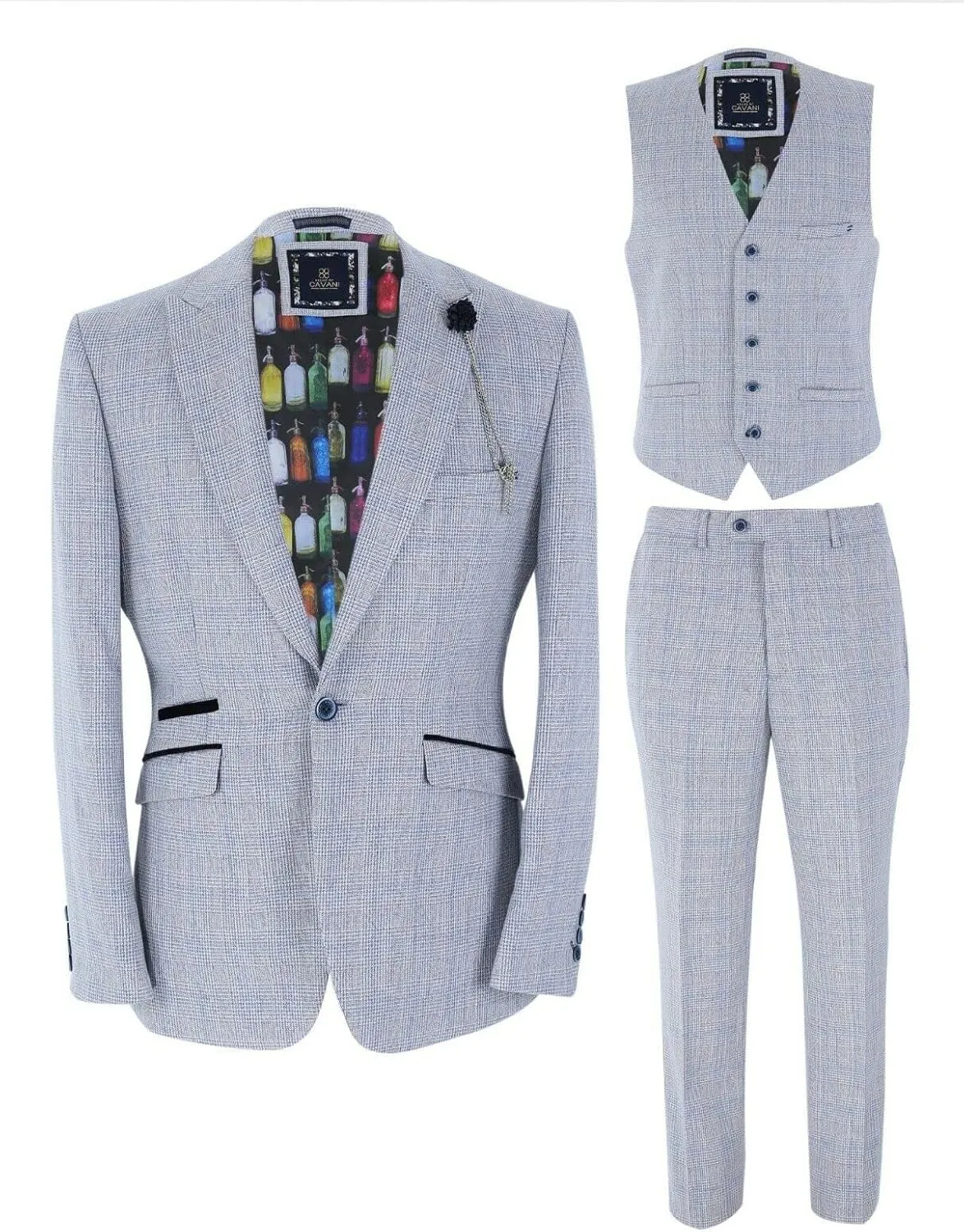 Mens Slim Fit Tweed Suit Blazer Waistcoat Trousers Sold Separately Retro Houndstooth Check Pattern Set in Blue