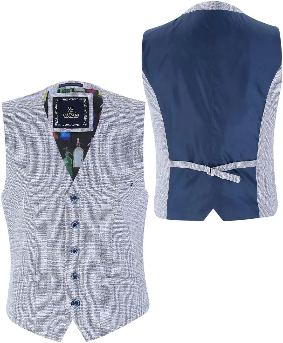 Mens Slim Fit Tweed Suit Blazer Waistcoat Trousers Sold Separately Retro Houndstooth Check Pattern Set in Blue