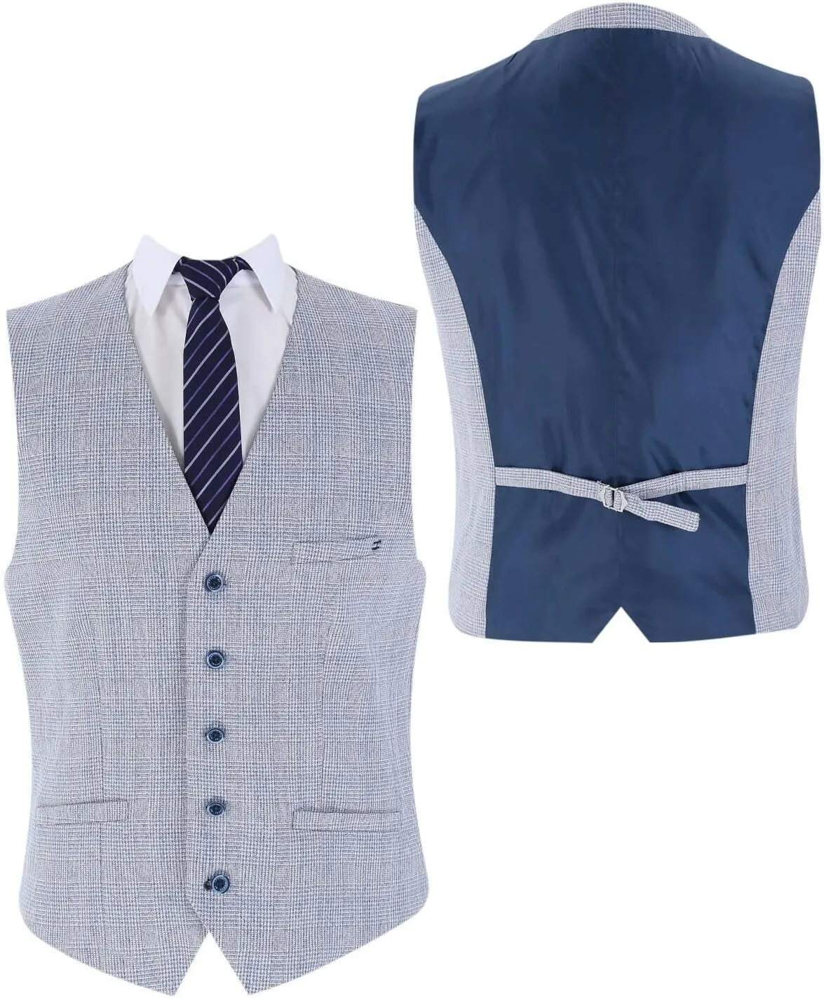 Mens Slim Fit Tweed Suit Blazer Waistcoat Trousers Sold Separately Retro Houndstooth Check Pattern Set in Blue