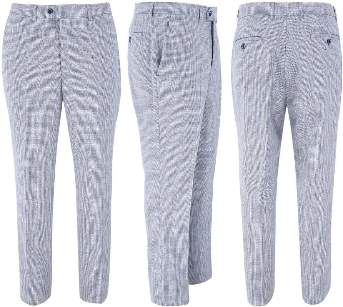 Mens Slim Fit Tweed Suit Blazer Waistcoat Trousers Sold Separately Retro Houndstooth Check Pattern Set in Blue