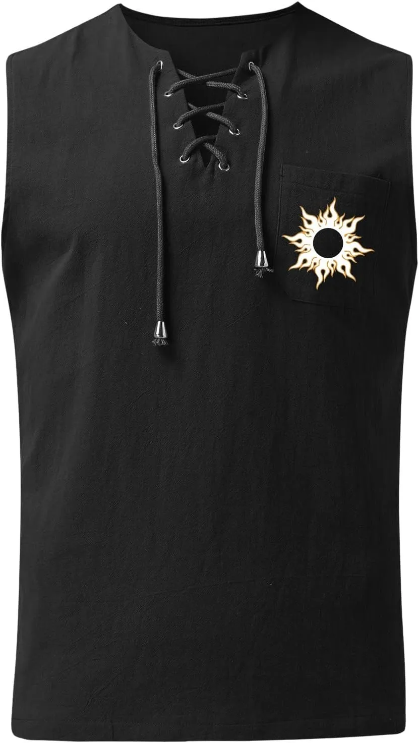 Mens Summer Beach Sleeveless Shirts Lace Up Fashion Printed Tank Tops with Pocket Comfort Cotton Muscle Fit Gym Workout Vest