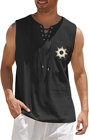 Mens Summer Beach Sleeveless Shirts Lace Up Fashion Printed Tank Tops with Pocket Comfort Cotton Muscle Fit Gym Workout Vest