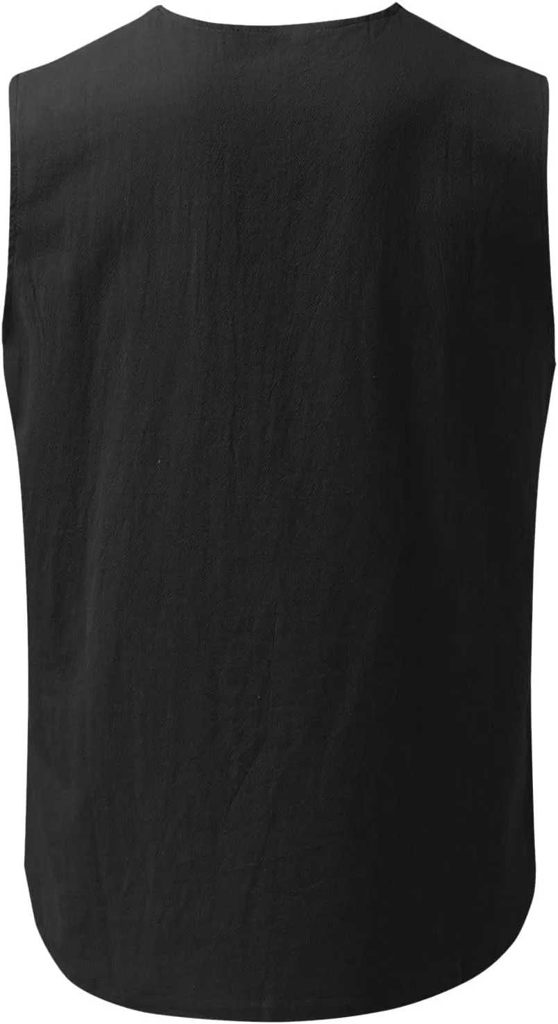 Mens Summer Beach Sleeveless Shirts Lace Up Fashion Printed Tank Tops with Pocket Comfort Cotton Muscle Fit Gym Workout Vest